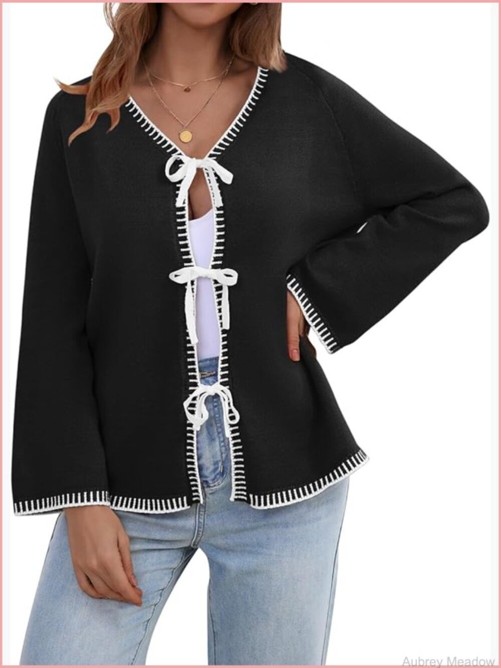 Tie Front Bow Cardigan Long Sleeve Knit Open Front Sweater Fall Winter